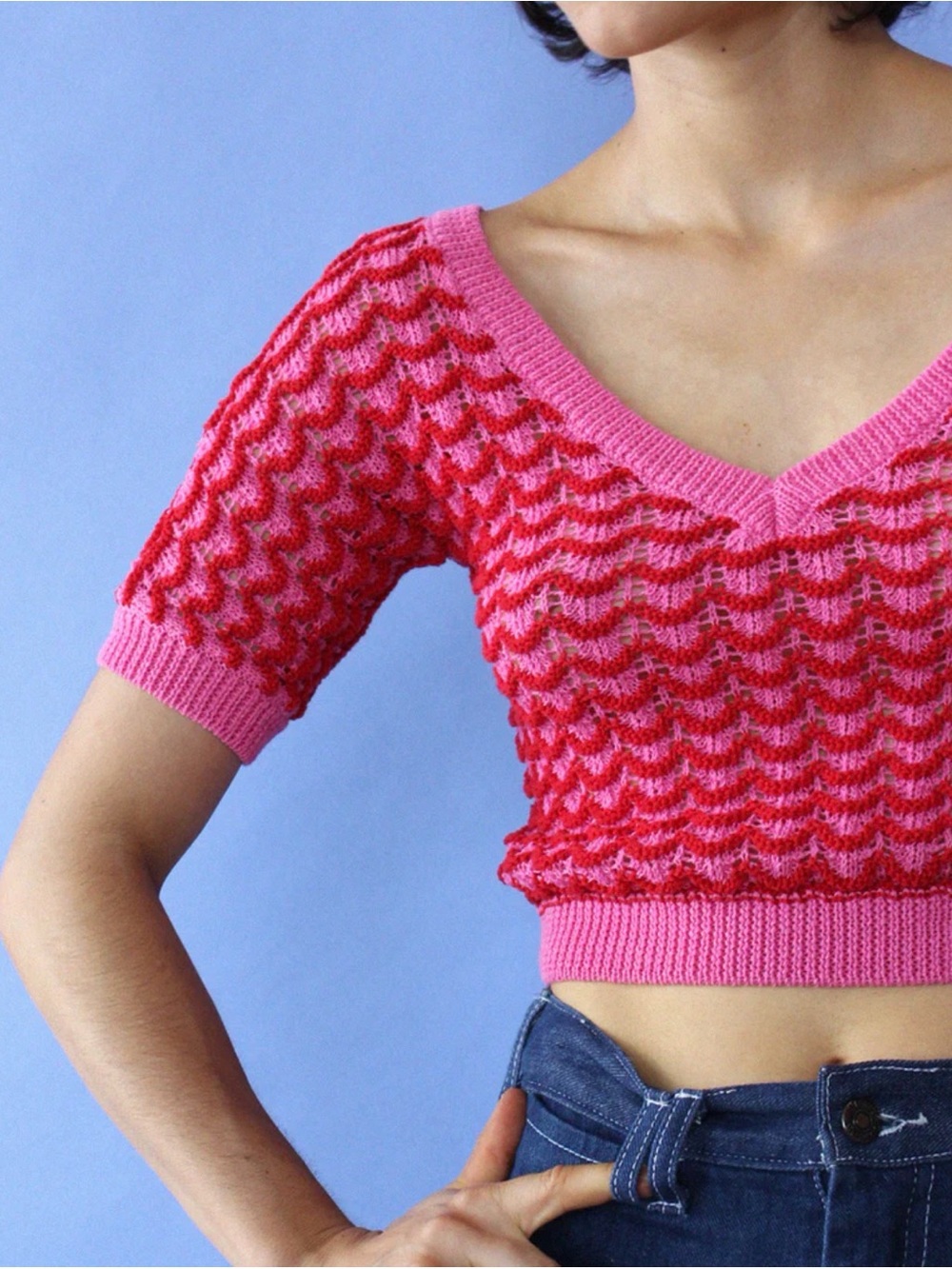 Zara Pink and Red Cropped Knit Top